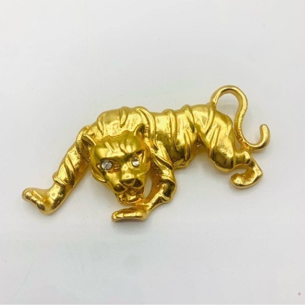 Vintage Gold Tiger Brooch with Rhinestone Eyes